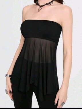 Y2k Style Black Strapless Sheer Flowy Top